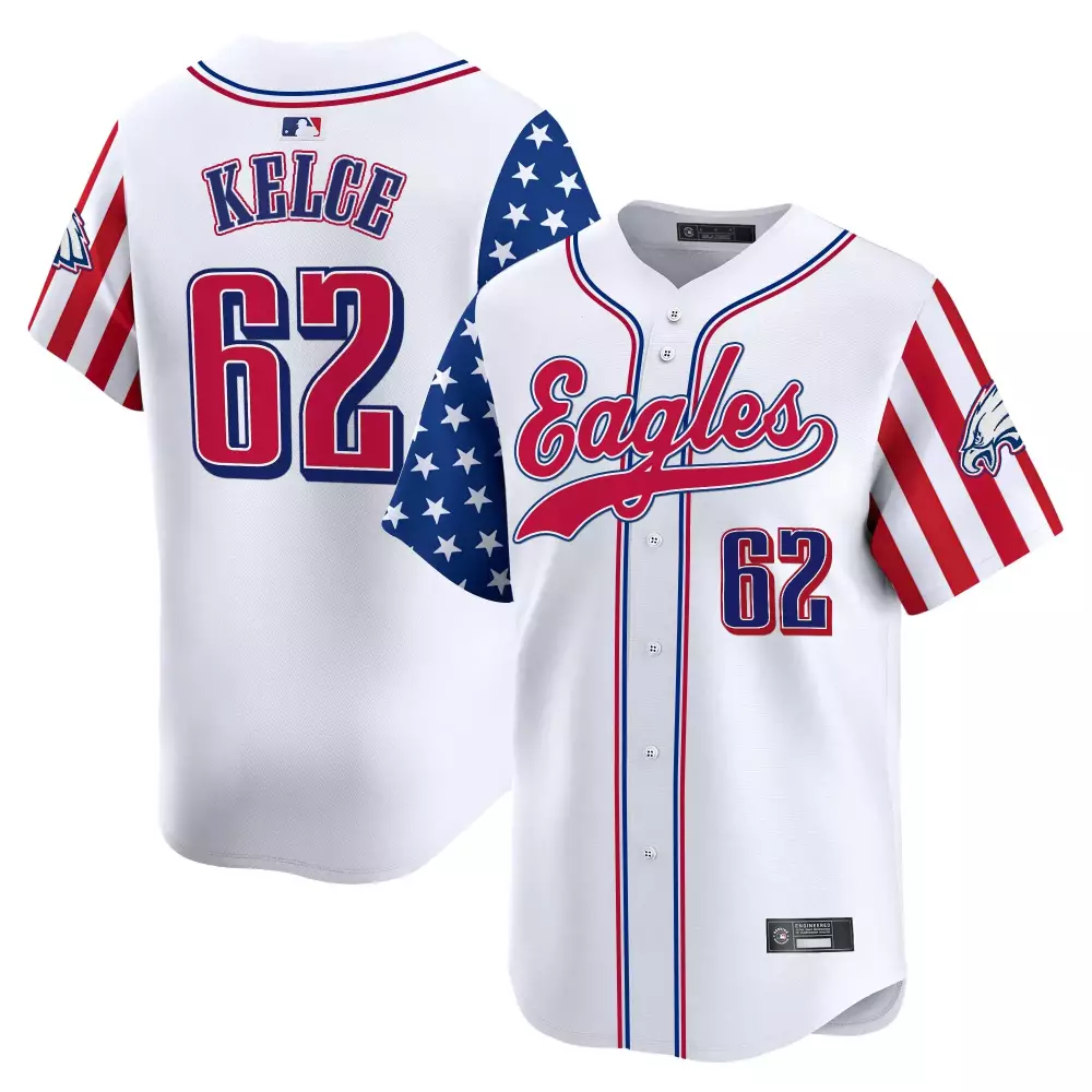 Kelce Independence 62 Eagles Jersey White Men Split Design Red Blue Vapor Stitched