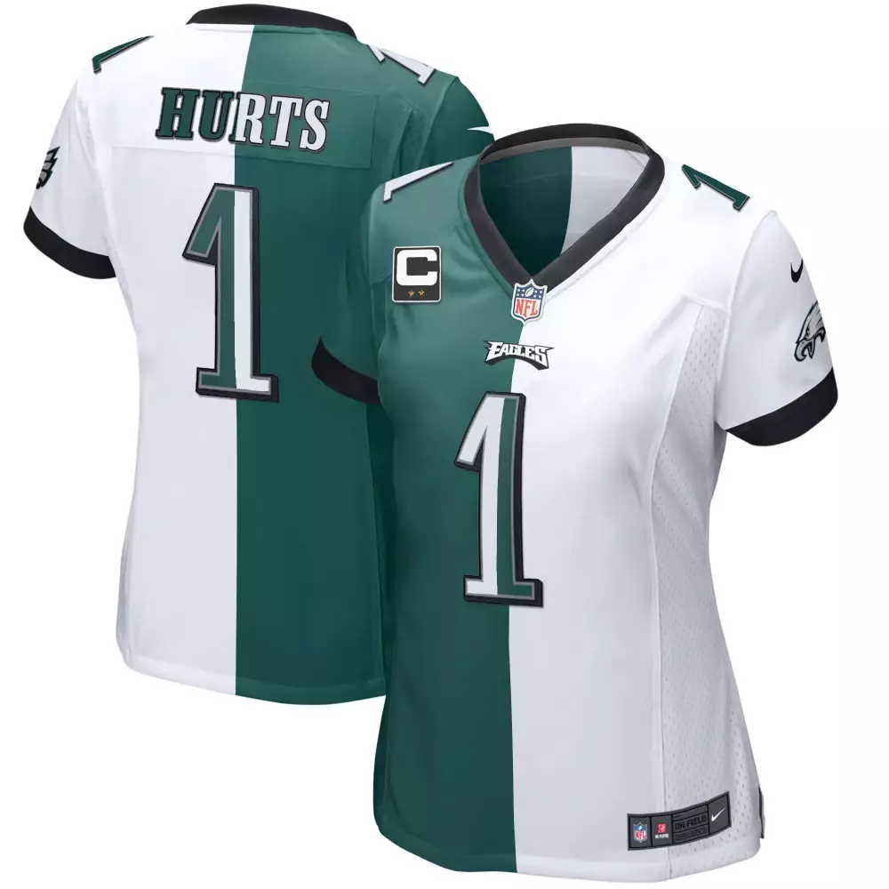 Jalen Hurts 1 Eagles Jersey White Women Standard Split Design Green Black Vapor All
