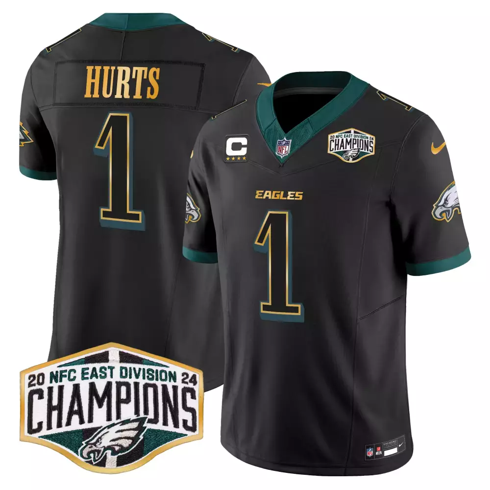 Jalen Hurts 1 Eagles Jersey Black 2023 NFC East Division Champions Men Green Gold