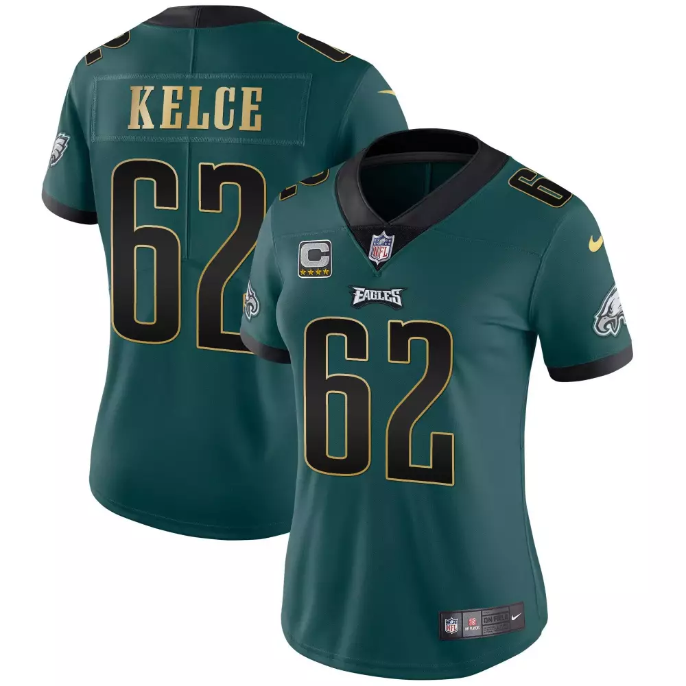 Kelce 62 Eagles Jersey Green Women Replica Black Gold Vapor All Stitched