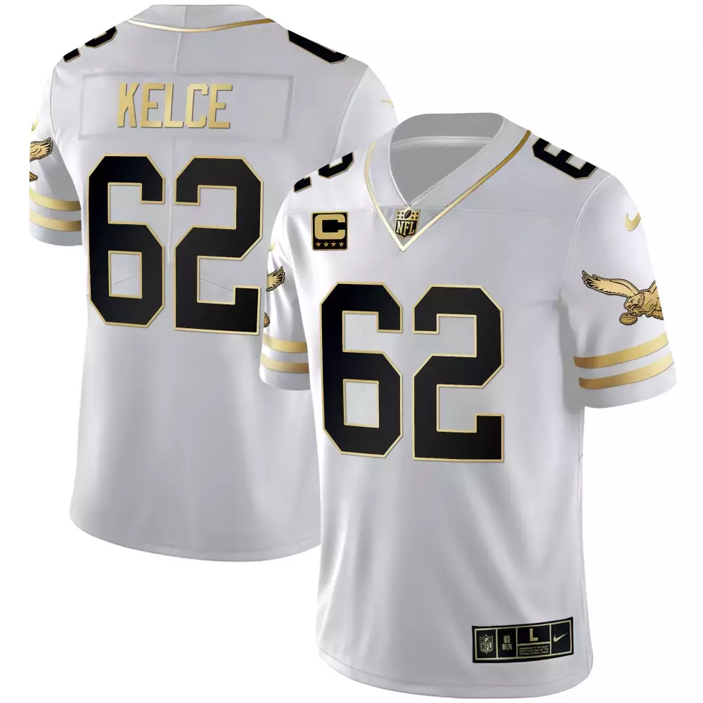 Kelce 62 Eagles Jersey White Men Black Gold Vapor Throwback All Stitched