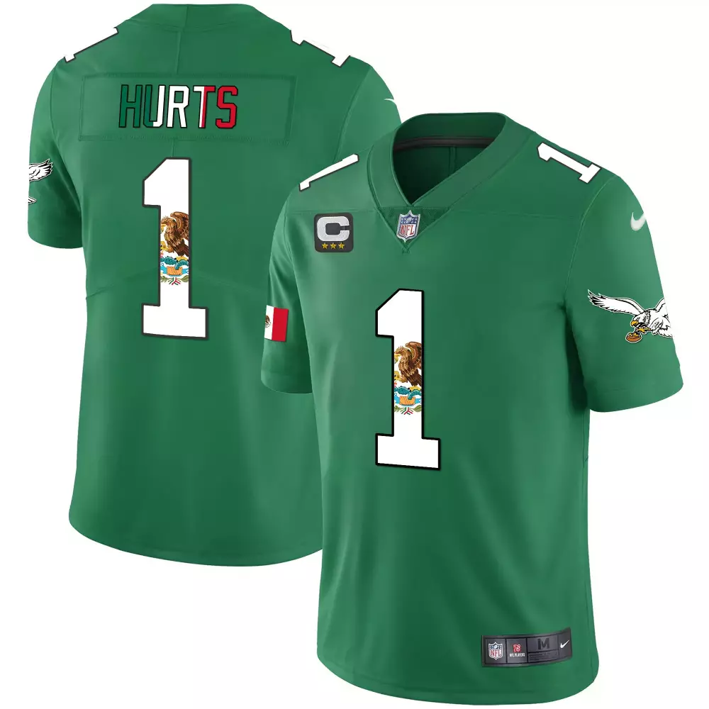 Jalen Hurts 1 Eagles Jersey Green Mexico Flag Men Player White Red Vapor All Stitched