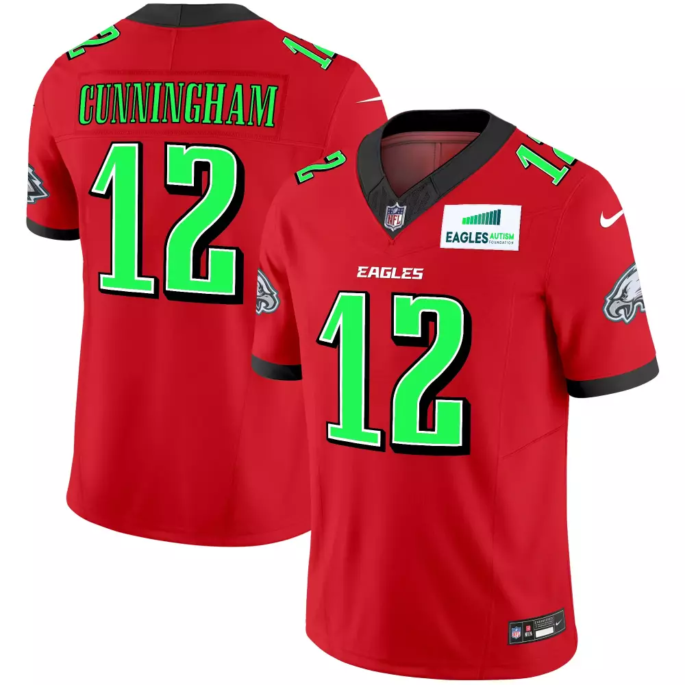 Cunningham 12 Eagles Jersey Red Autism Foundation Men NFL Alternate Black Neon Green