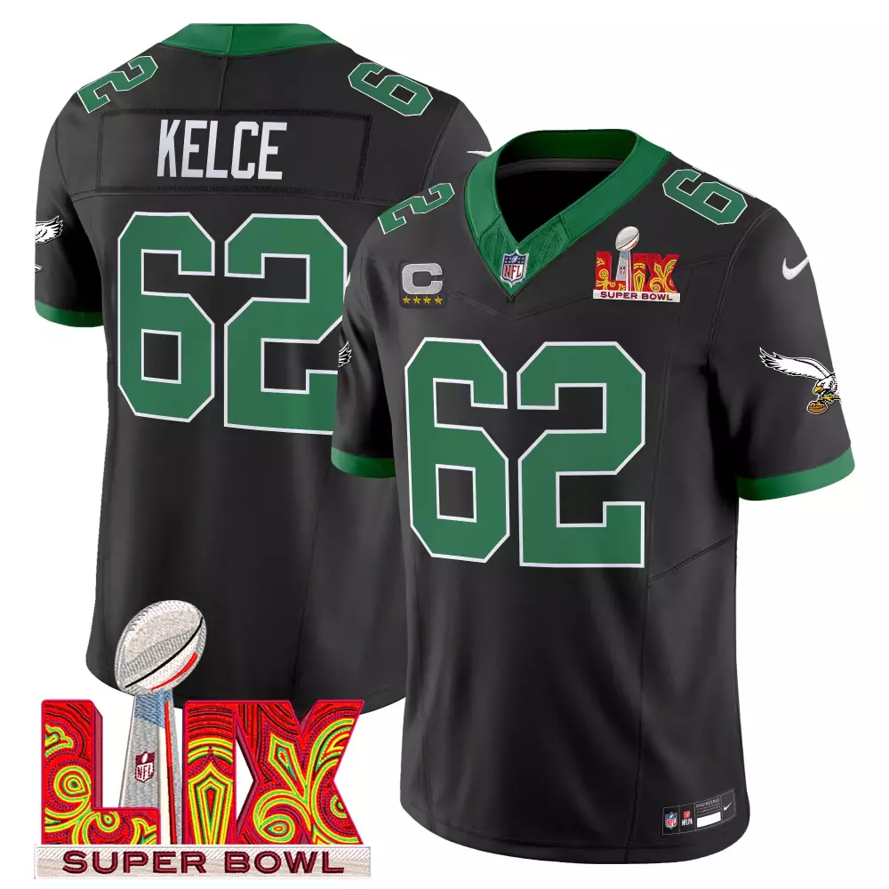 Jason Kelce 62 Eagles Jersey Black Super Bowl Lix Men Green Vapor Limited All Stitched