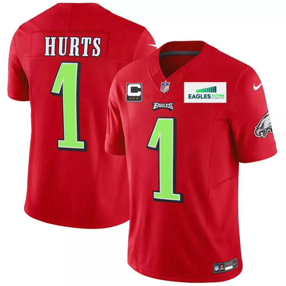 Jalen Hurts 1 Eagles Jersey Red Autism Foundation Men Green White Stitched