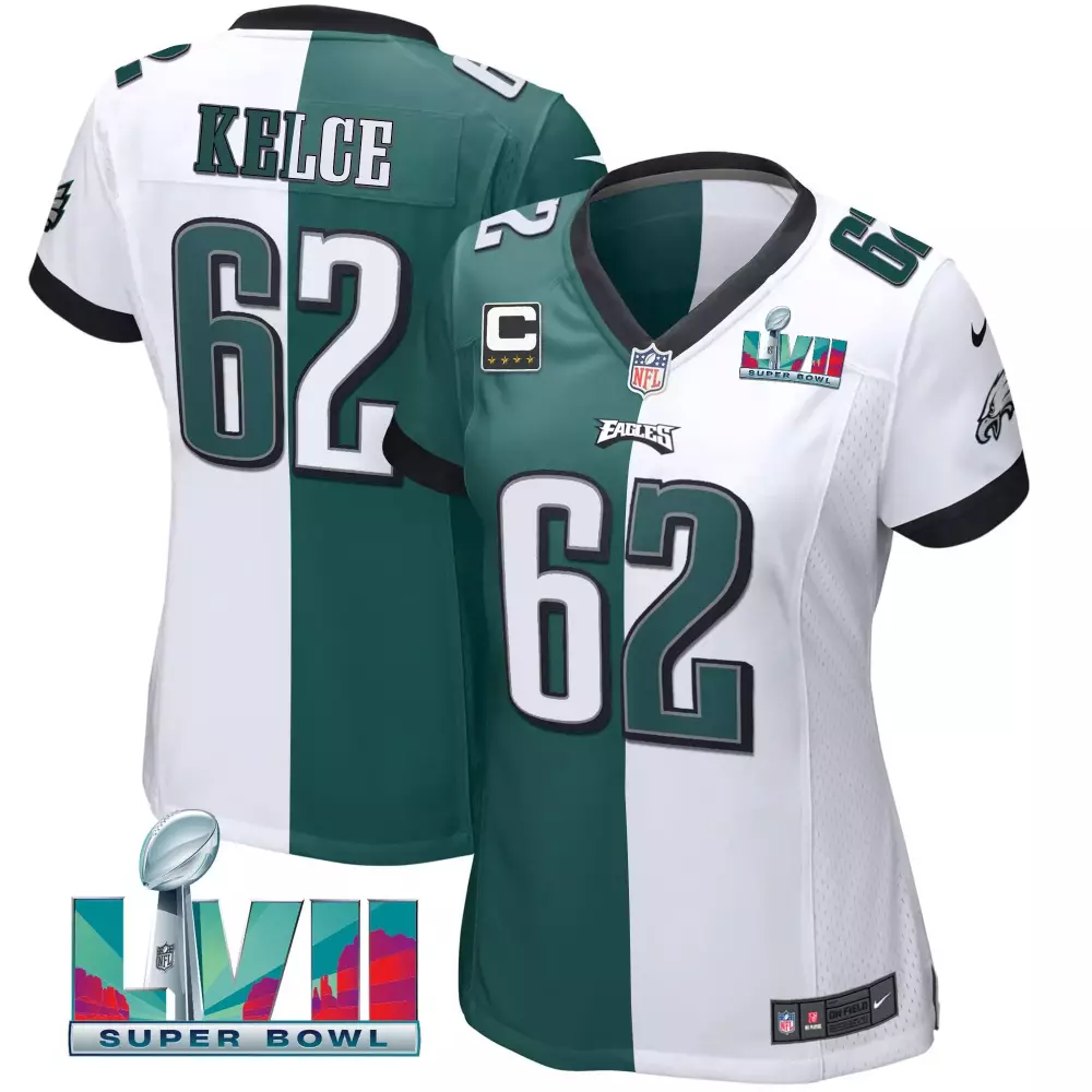 Kelce 62 Eagles Jersey Green Super Bowl Lvii Men Split Design White Black All Stitched