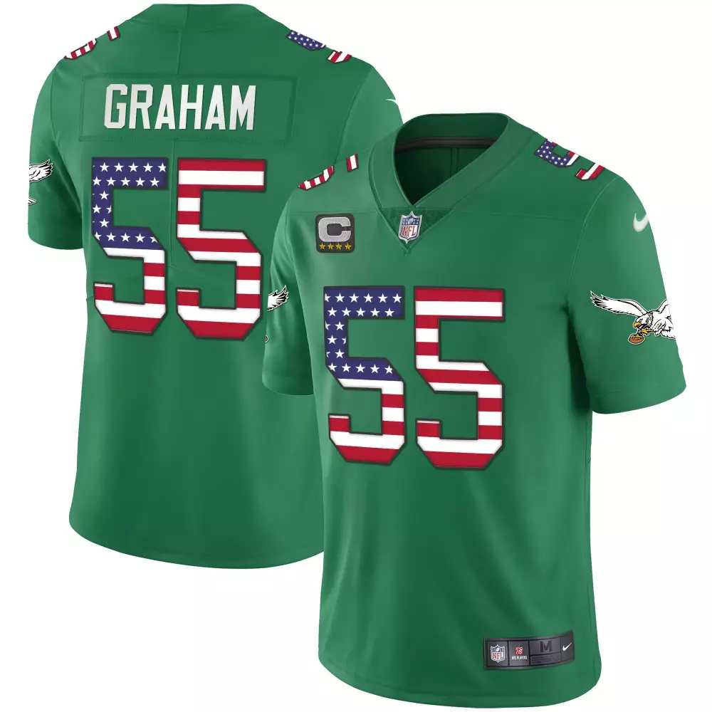 Brandon Graham 55 Eagles Jersey Green American Flag Captain's Men Player White Red