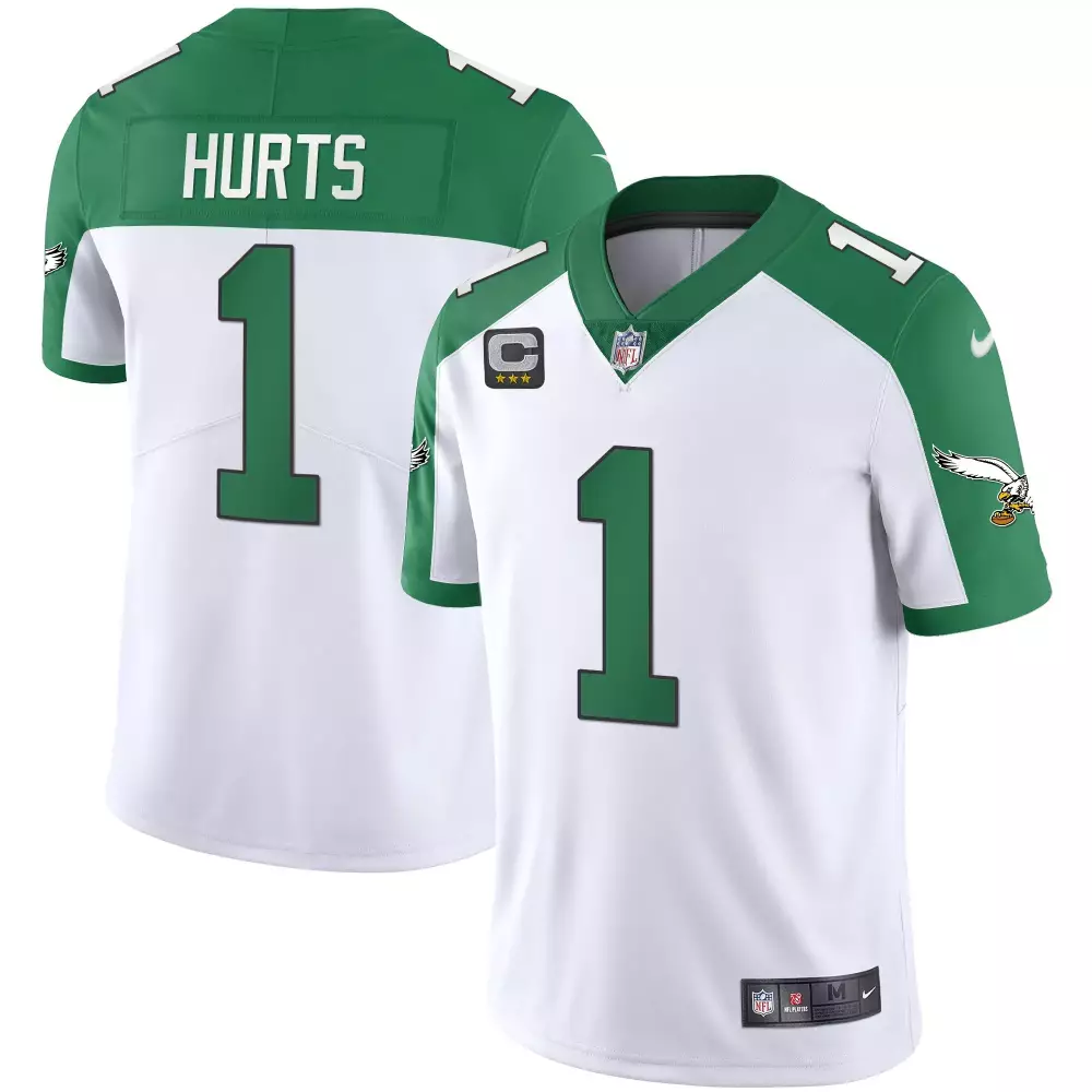 Jalen Hurts 1 Philadelphia Eagles Jersey White NFL (captain) Men Alternate Green