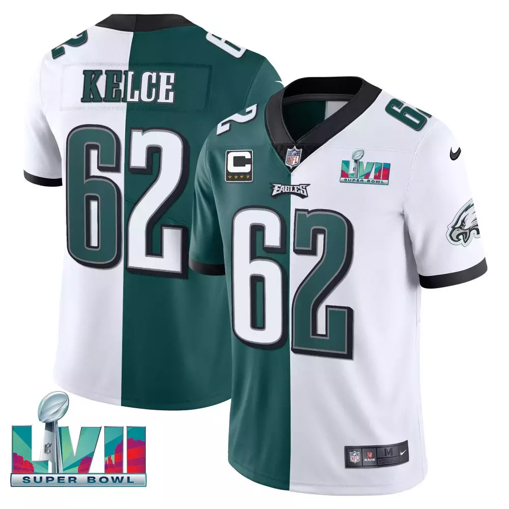 Jason Kelce 62 Eagles Jersey Green Super Bowl Lvii Men Split Design White Black Vapor