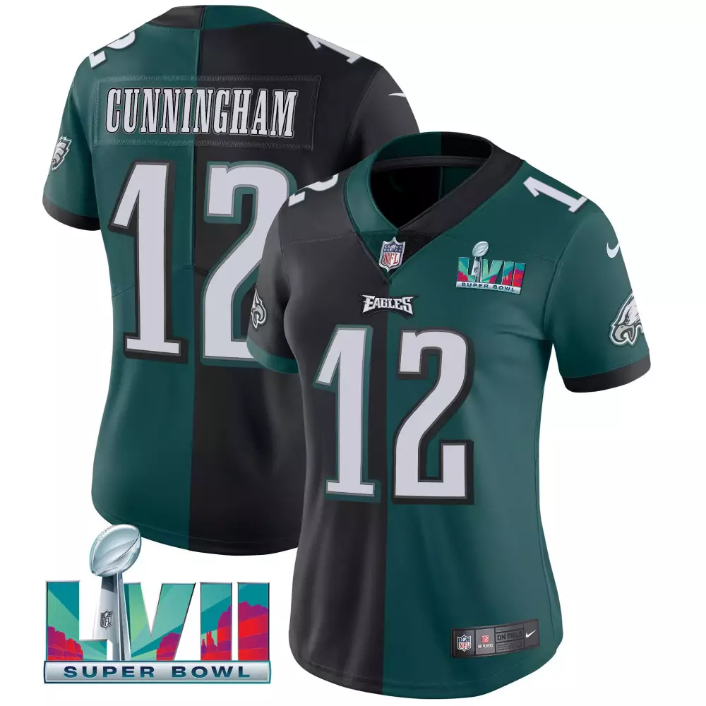 Cunningham Lvii 12 Eagles Jersey Green Super Bowl Men Split-color Split Design Black