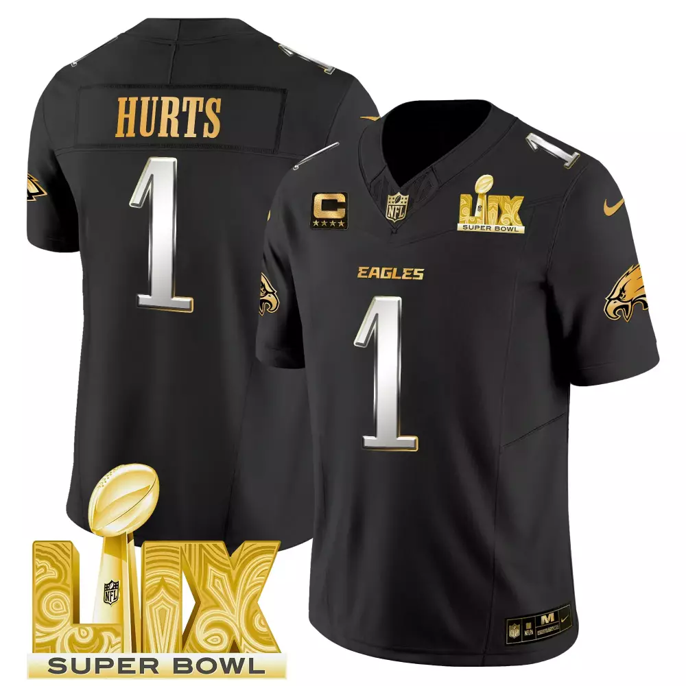 Jalen Hurts 1 Eagles Jersey Black Super Bowl Lix Men Gold Silver Limited Vapor All