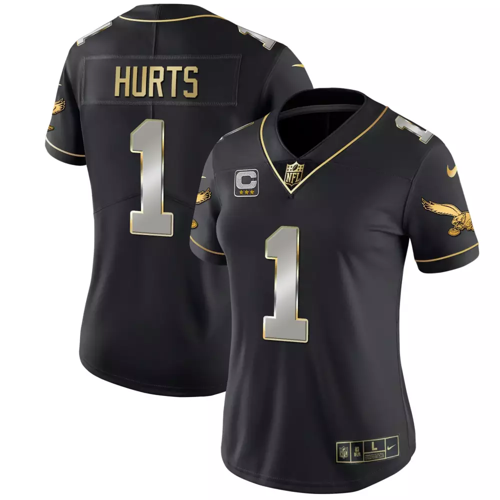Jalen Hurts 1 Eagles Jersey Black Captain Women Player Gold Limited Throwback Vapor