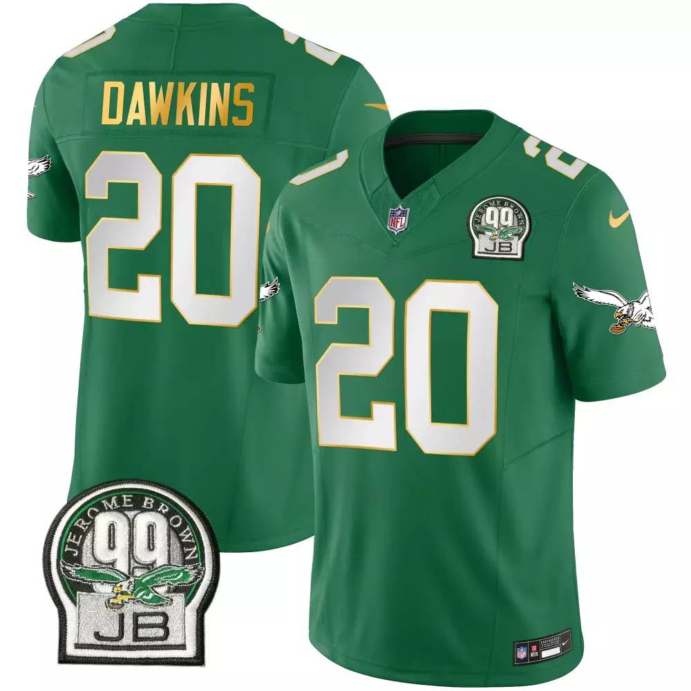 Brian Dawkins 20 Eagles Jersey Green NFL 100 Jerome Brown 99 Jb Men White Gold All