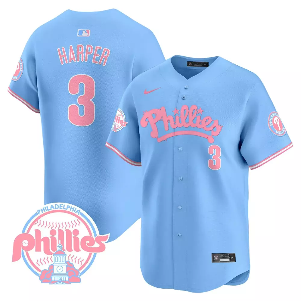 Bryce Harper 3 Phillies Jersey Light Blue Men Pink White All Stitched Vapor