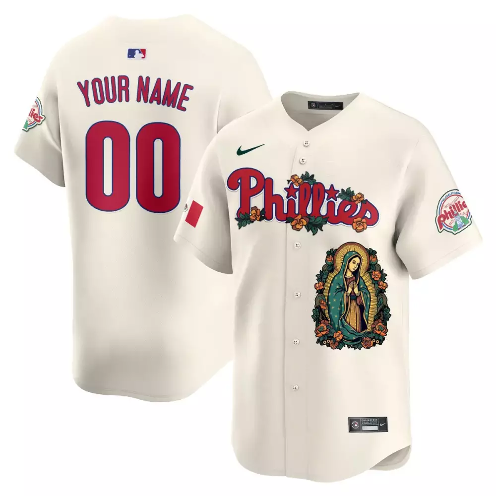 Custom Phillies Jersey Cream Philadelphia Virgin Mary Edition Men Red Blue Green