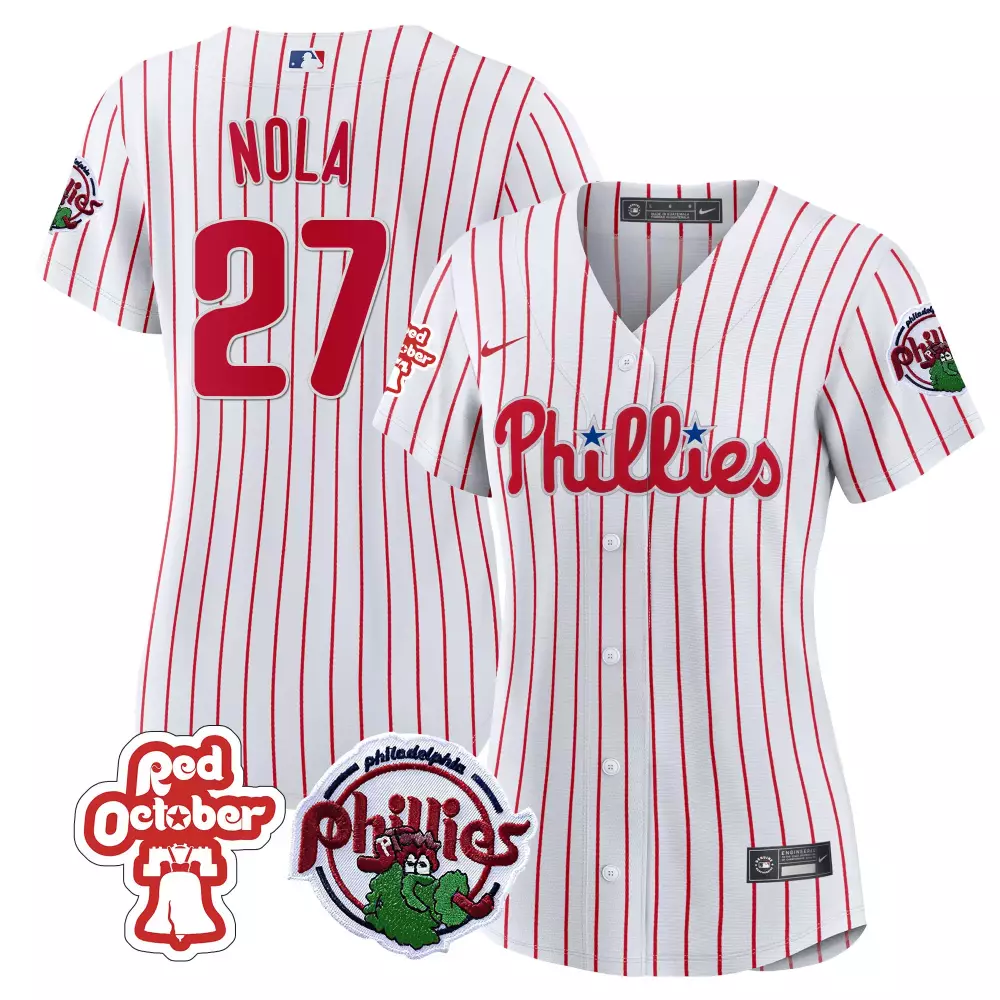 Aaron Nola 27 Phillies Jersey White Red October 2023 Women All Stitched