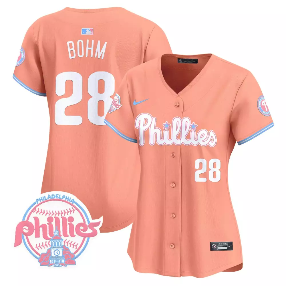 Alec Bohm 28 Phillies Jersey Peach Men Button-up Light Blue White Vapor Premier Limited