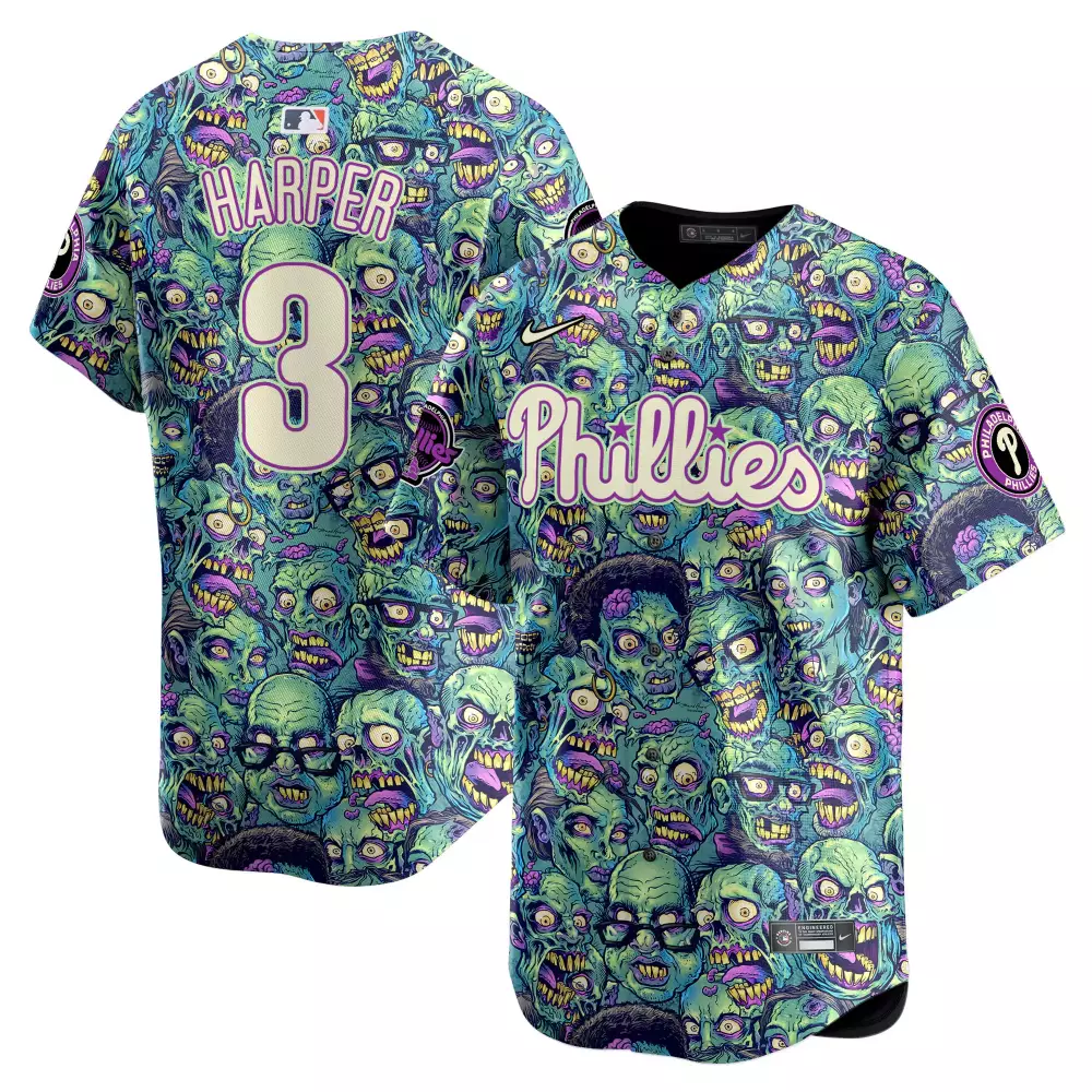 Bryce Harper 3 Phillies Jersey Teal Zombie Men Graphic Split Custom Design Purple