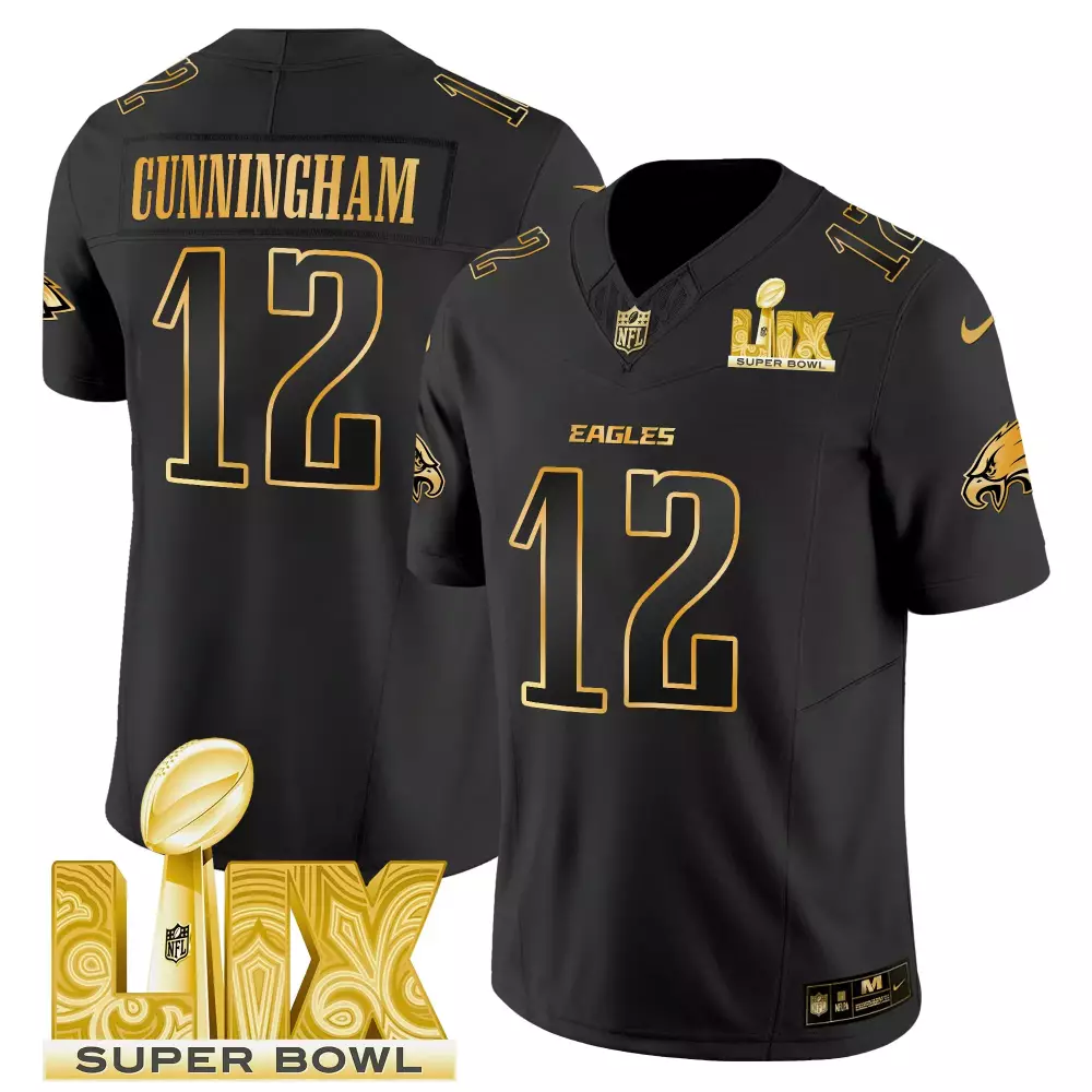Randall Cunningham 12 Eagles Jersey Black Super Bowl Lix Men Gold Vapor Limited All