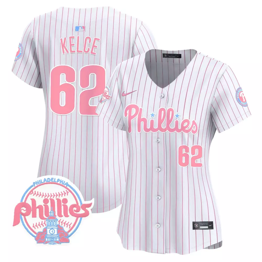 Jason Kelce 62 Phillies Jersey White Women Alternate Pink Vapor Premier Limited v2