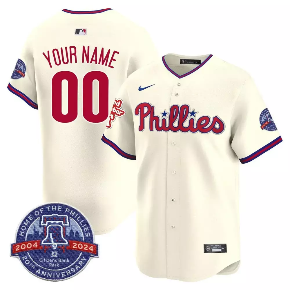 Custom Phillies Jersey Cream Citizens Bank Park 20th Anniversary Men Red Blue