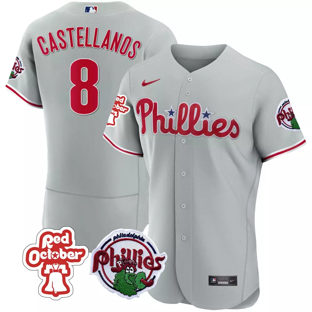 Nick Castellanos 8 Phillies Jersey Gray Red October Men White Blue Flex Base All