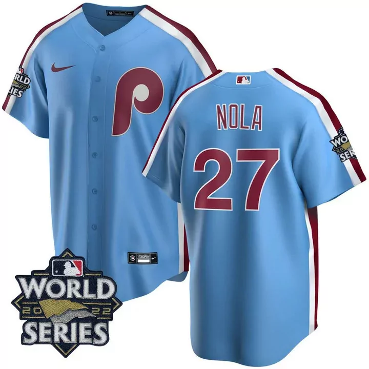 Aaron Nola 27 Phillies Jersey Light Blue World Series 2022 Men Maroon White Stitched