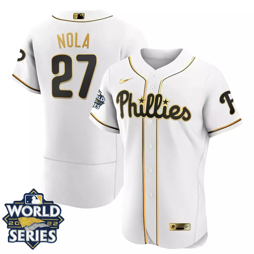 Aaron Nola 27 Phillies Jersey White World Series 2022 Men Gold Black All Stitched