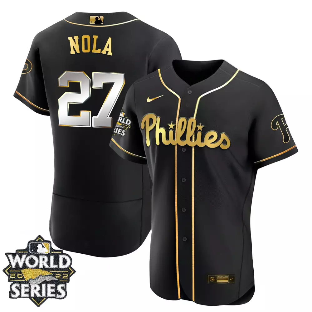 Aaron Nola 27 Phillies Jersey Black World Series 2022 Men MLB Gold Silver Flex Limited