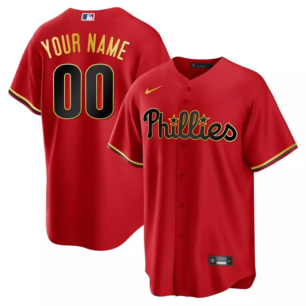 Custom Phillies Jersey Red Nike Men Gold Black All Stitched