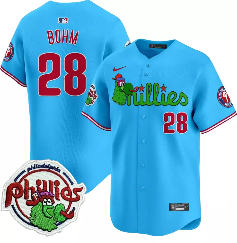 Alec Bohm 28 Jersey Light Blue Philadelphia Phillies Mascot Men Red White Green All