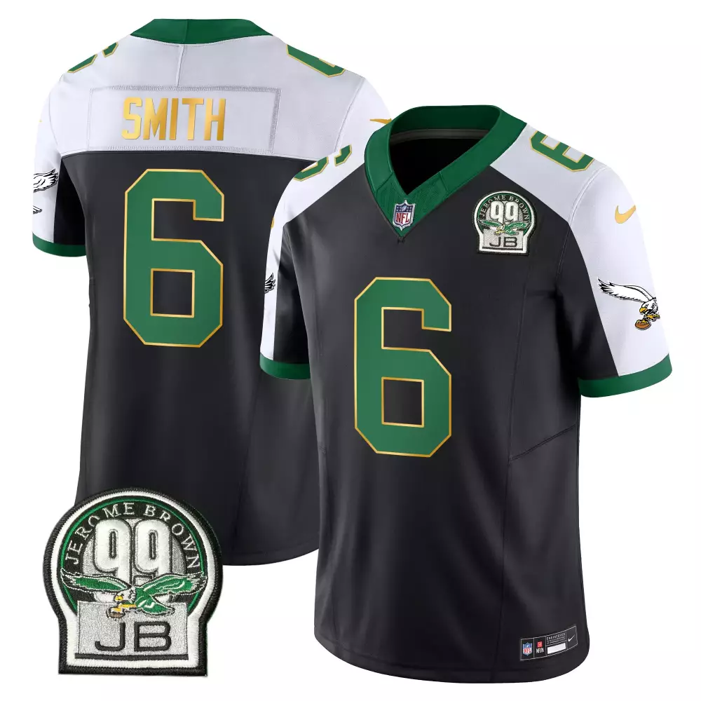 Smith Jb 6 Eagles Jersey Black Jerome Brown 99 Men Split Design Green White Gold