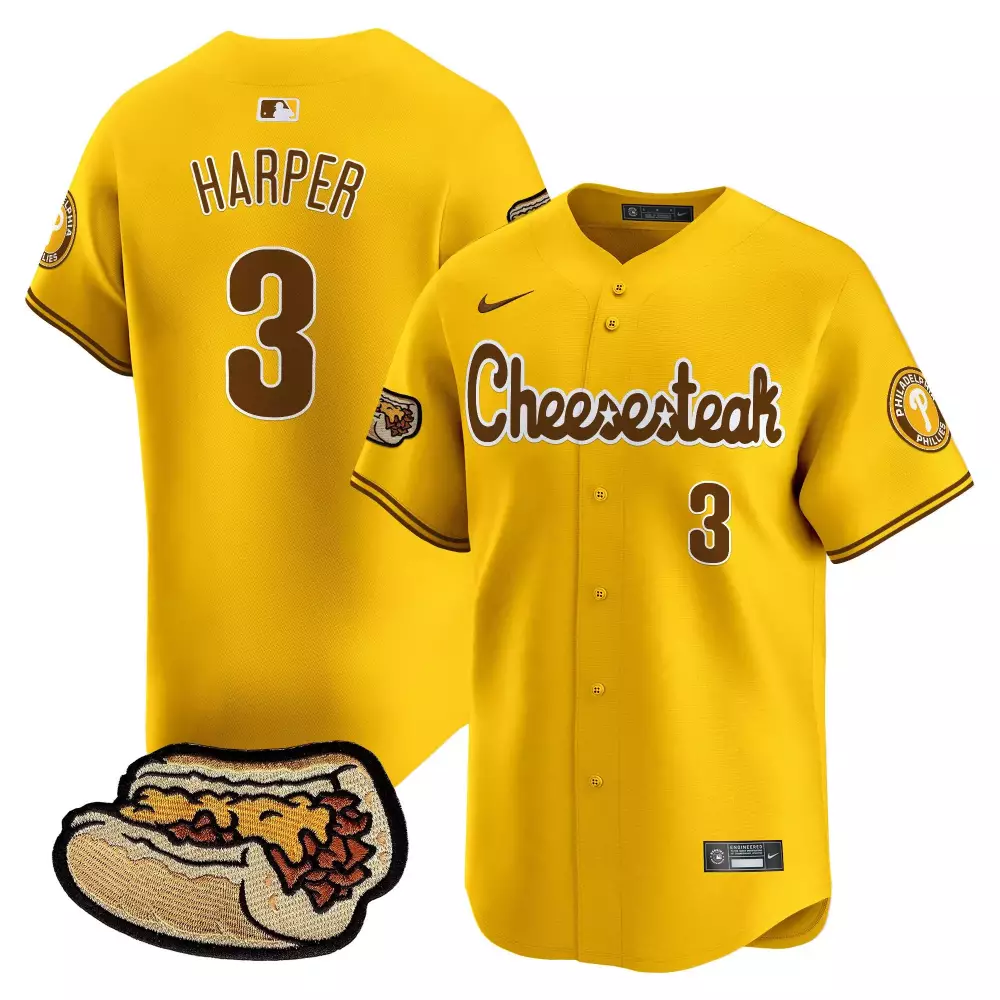 Bryce Harper 3 Jersey Yellow Cheesesteak Philadelphia Phillies Men Brown White Vapor