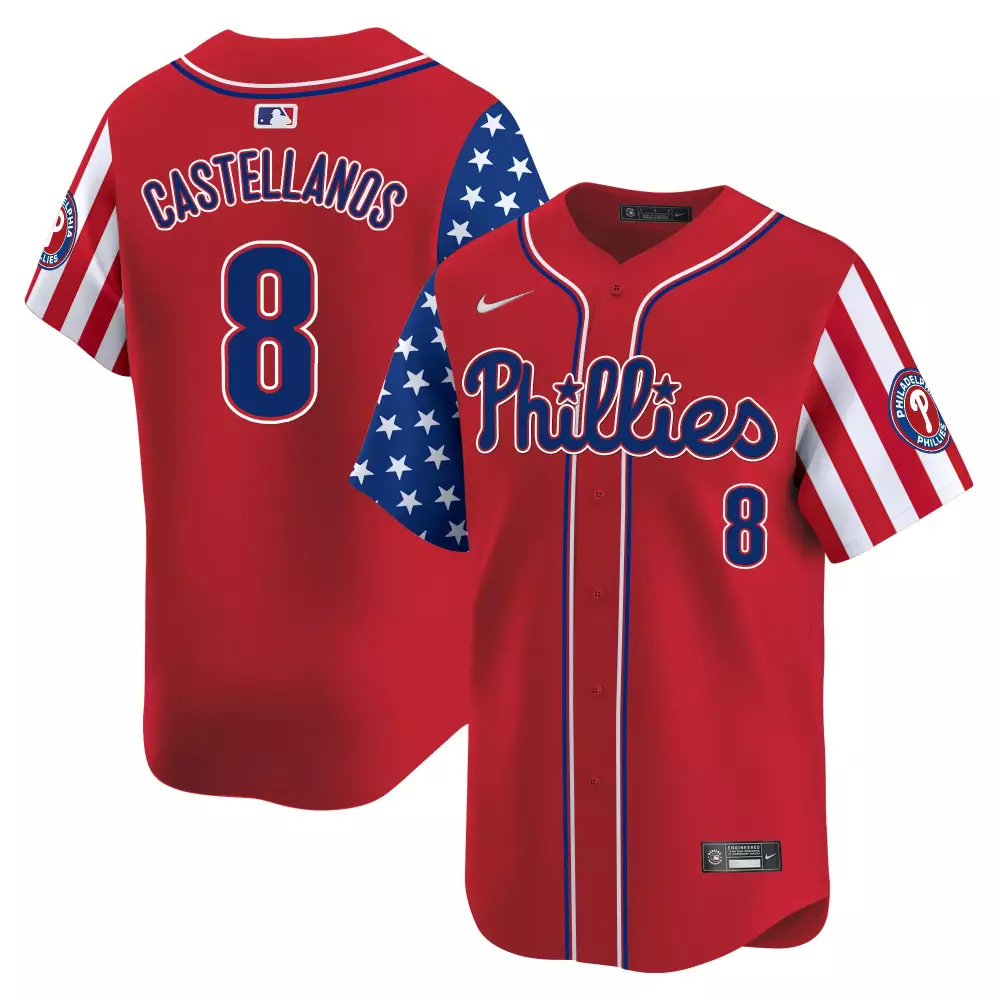 Nick Castellanos 8 Phillies Jersey Red Men Split Design Blue White Vapor Premier