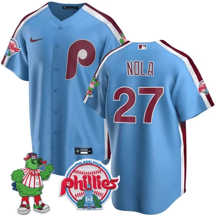 Aaron Nola 27 Jersey Light Blue Philadelphia Phillies Phanatic City Hall Men Maroon