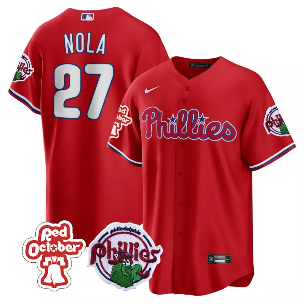 Aaron Nola 27 Phillies Jersey Red October Men White Blue Cool Base All Stitched