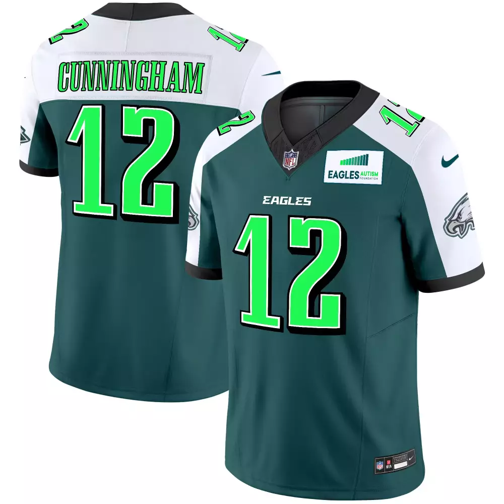 Randall Cunningham 12 Eagles Jersey Green Autism Foundation Men Jerseys White Black
