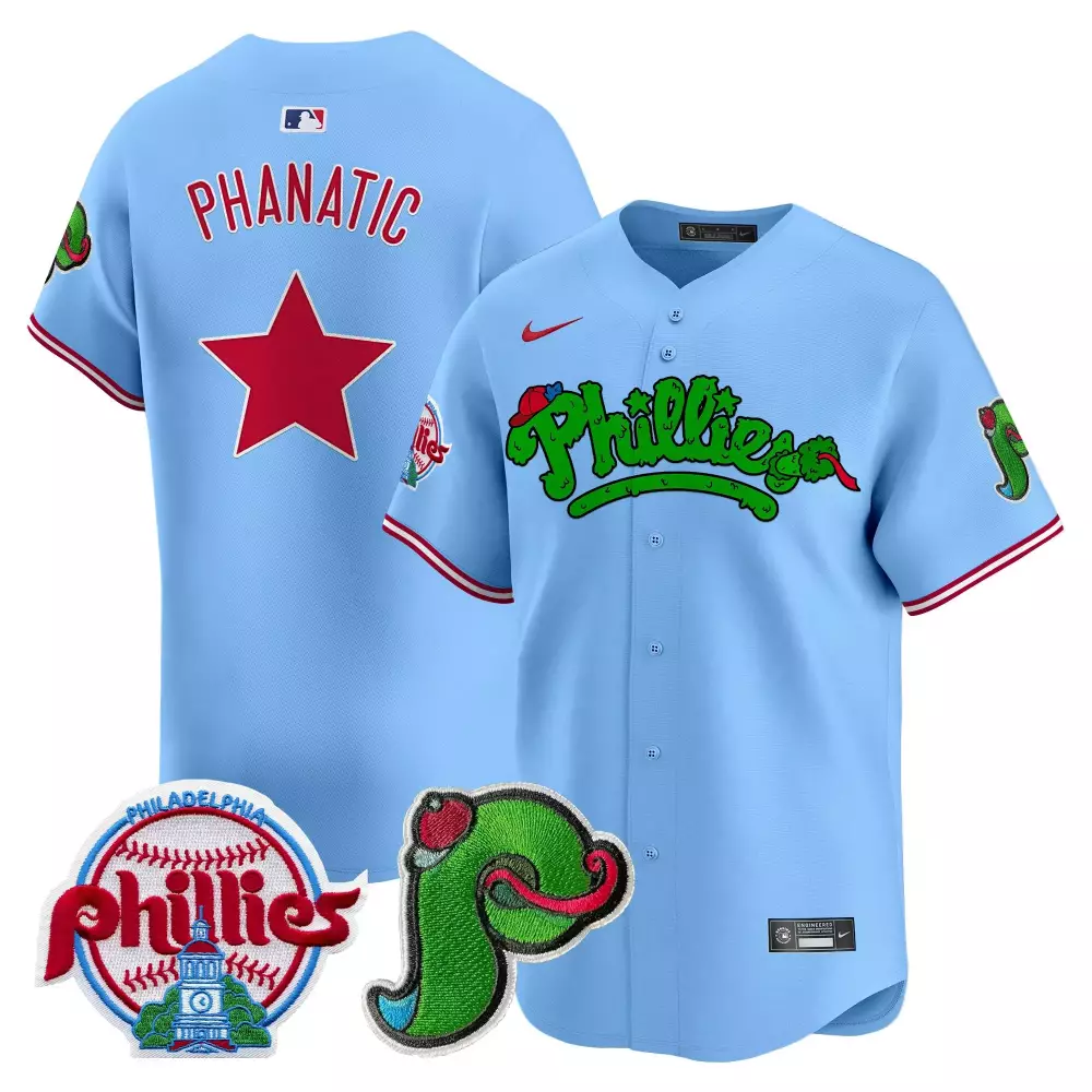 Phanatic Phillies Jersey Light Blue Philadelphia Baseball Green Mascot Head Red White