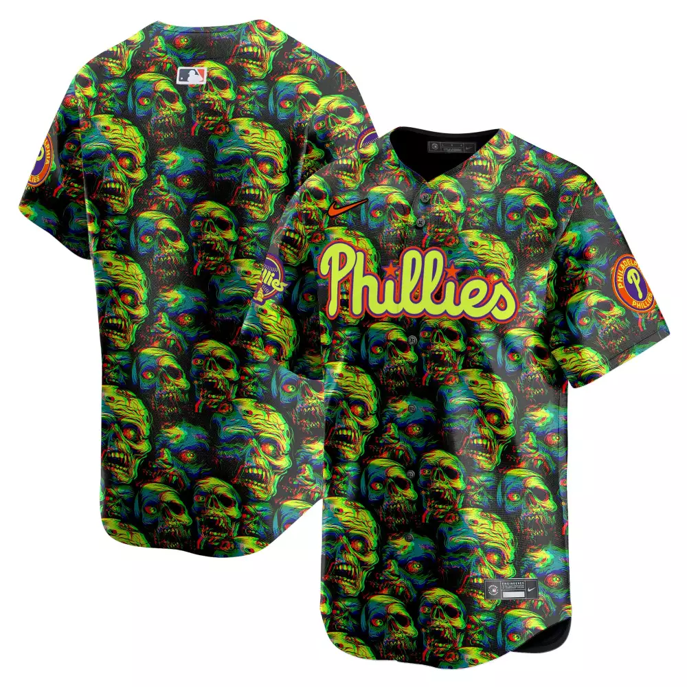 Custom Phillies Jersey Black Zombie Full Print Split Design Green Yellow Red Blue