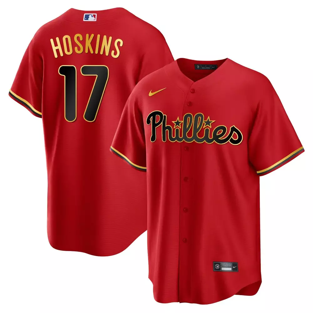 Rhys Hoskins 17 Phillies Jersey Red Men Black Gold All Stitched
