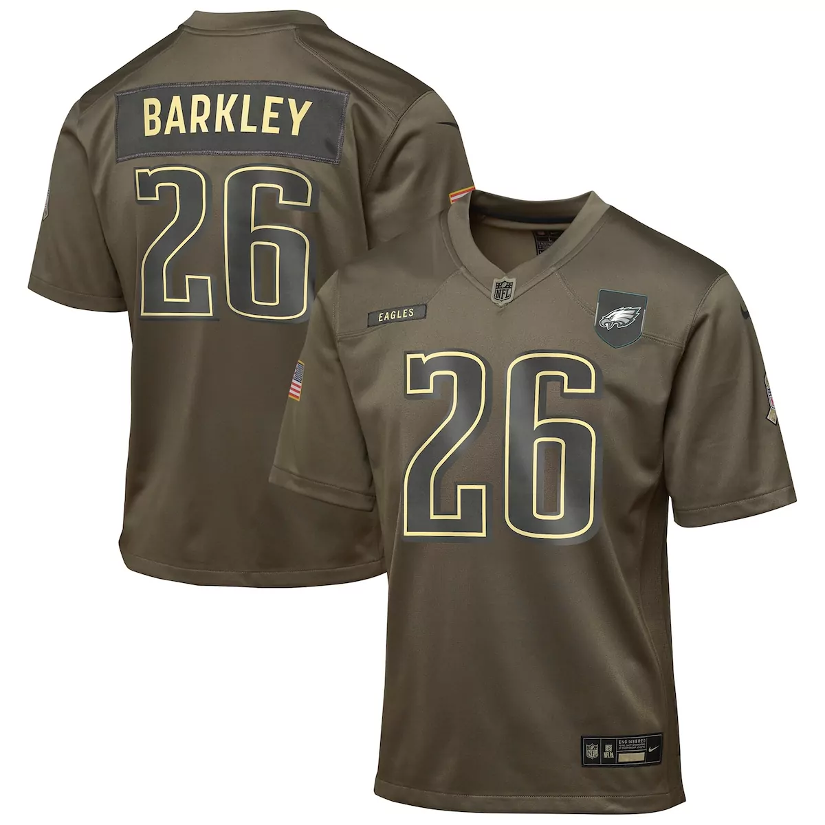 Saquon Barkley 26 Eagles Jersey Olive Green Salute To Service American Flag Men Game