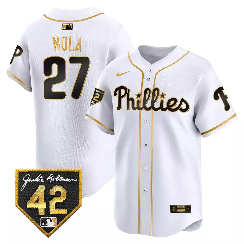 Aaron Nola 27 Phillies Jersey White Jackie Robinson Day 42 Men Black Gold Stitched