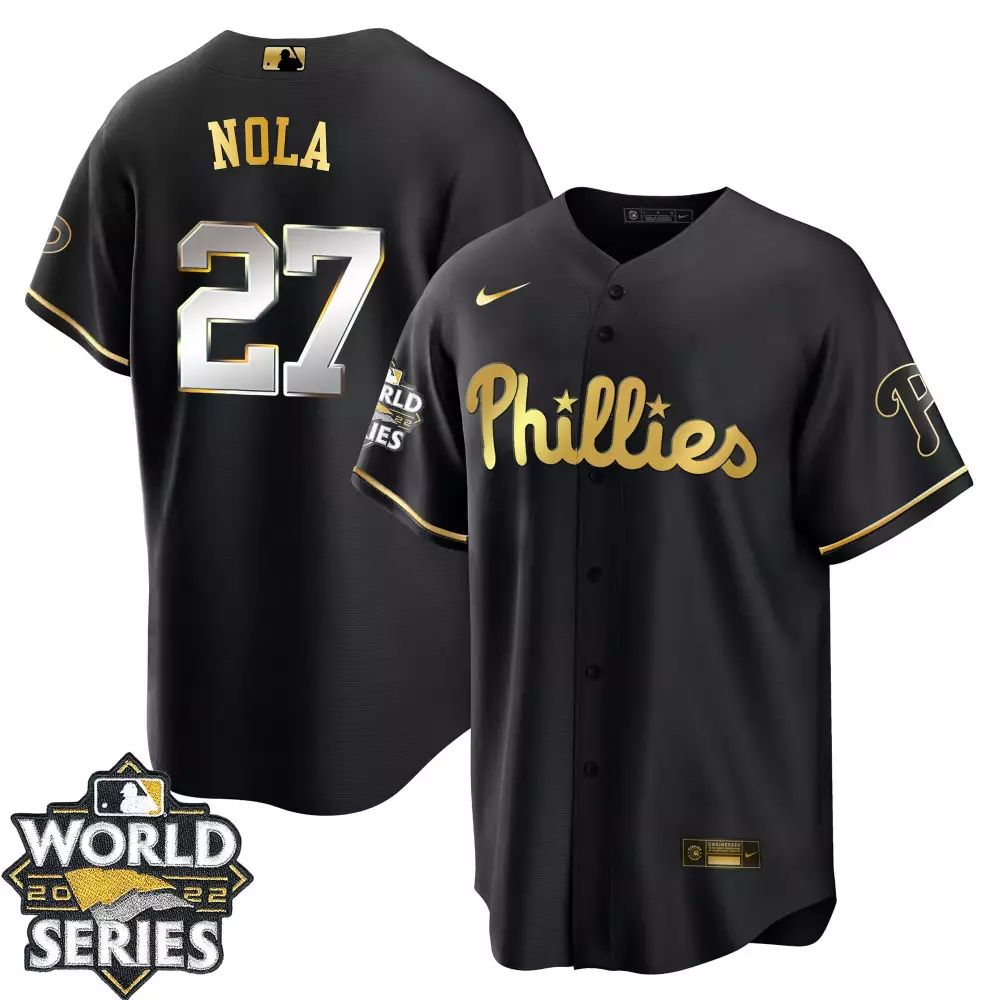 Aaron Nola 27 Phillies Jersey Black World Series 2022 Men Gold Silver Cool Limited