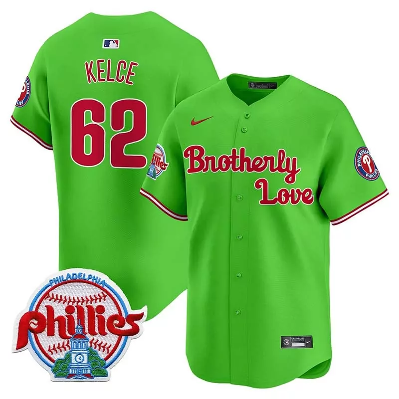 Jason Kelce 62 Jersey Green Brotherly Love Philadelphia Phillies Team 2024 Men Red