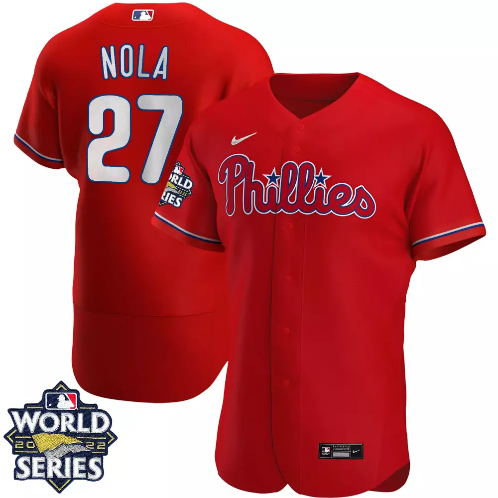 Aaron Nola 27 Phillies Jersey Red World Series 2022 Men White Blue Flex Base Alternate
