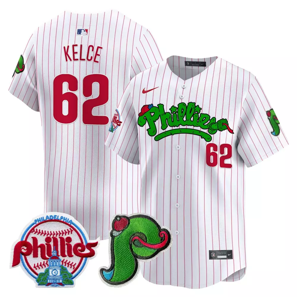 Jason Kelce 62 Phillies Jersey White Primary Phanatic Men Split Design Red Green
