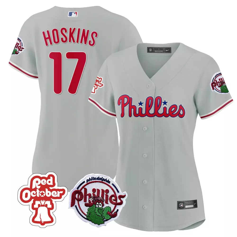 Hoskins October 17 Phillies Jersey Gray Red Mascot 2022 Women White Blue Stitched