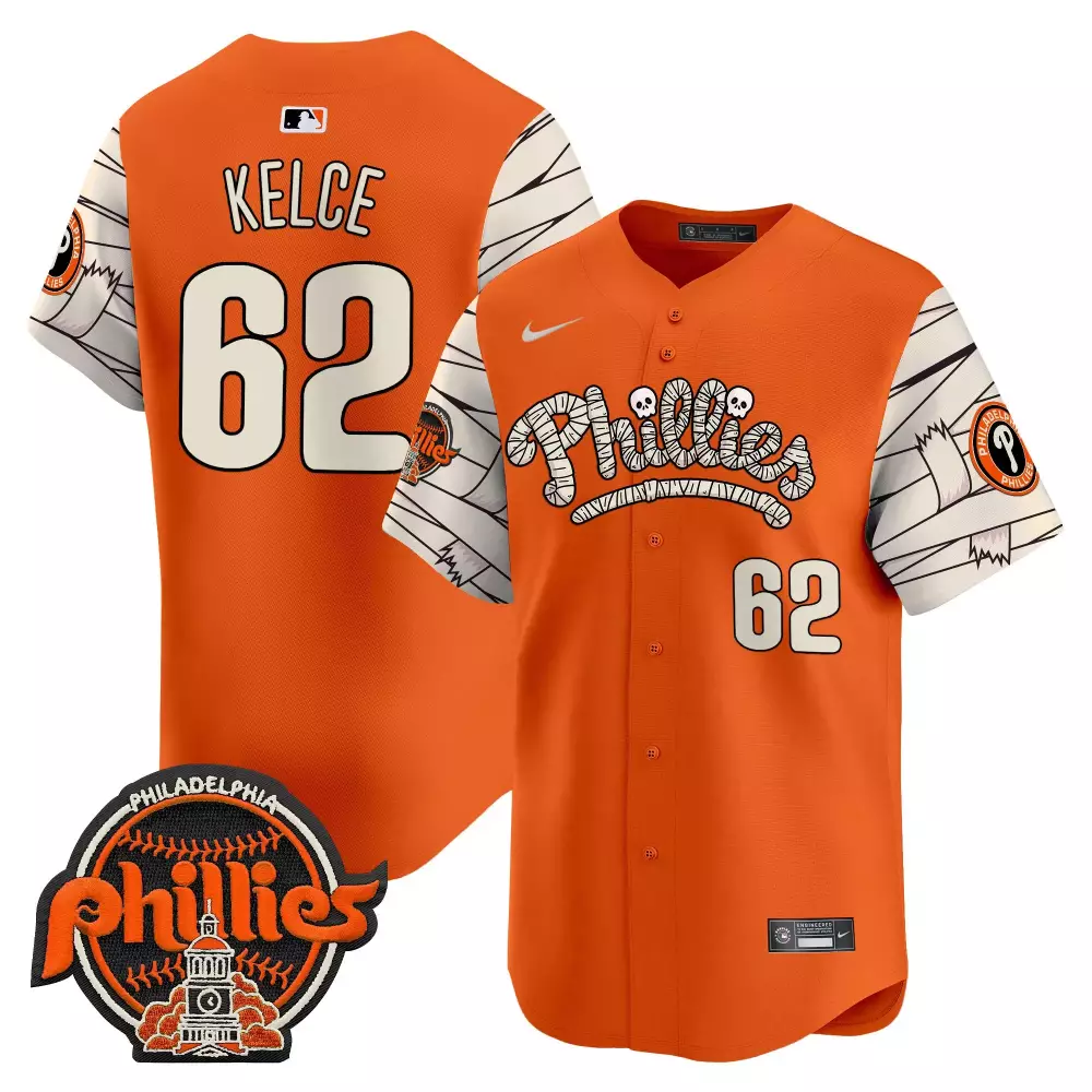 Jason Kelce 62 Phillies Jersey Orange Halloween Men Split Design White Black Stitched