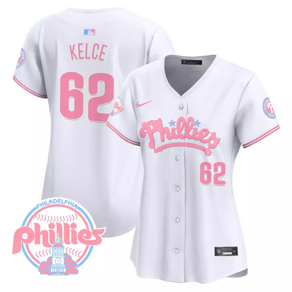 Jason Kelce 62 Phillies Jersey White Women Pink All Stitched