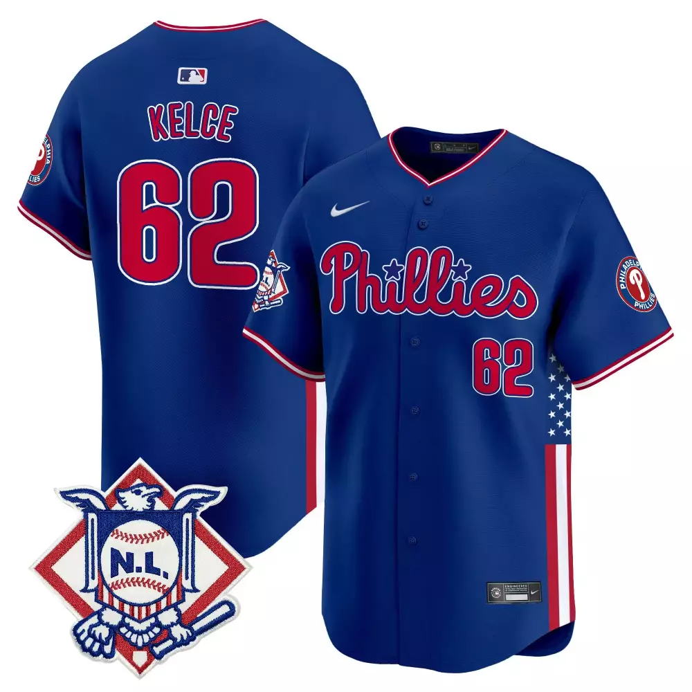 Jason Kelce 62 Phillies Jersey Blue National League Men Split Design Red White Vapor